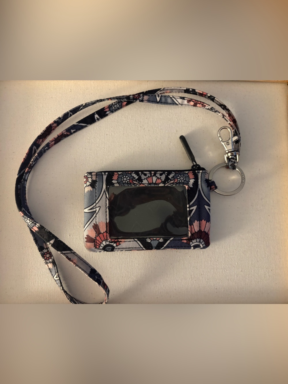 Vera Bradley ID Card Lanyard Wallet - Navy with Pink Flowers